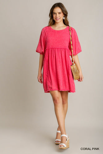 Linen Mineral Wash Round Neck BabyDoll Dress