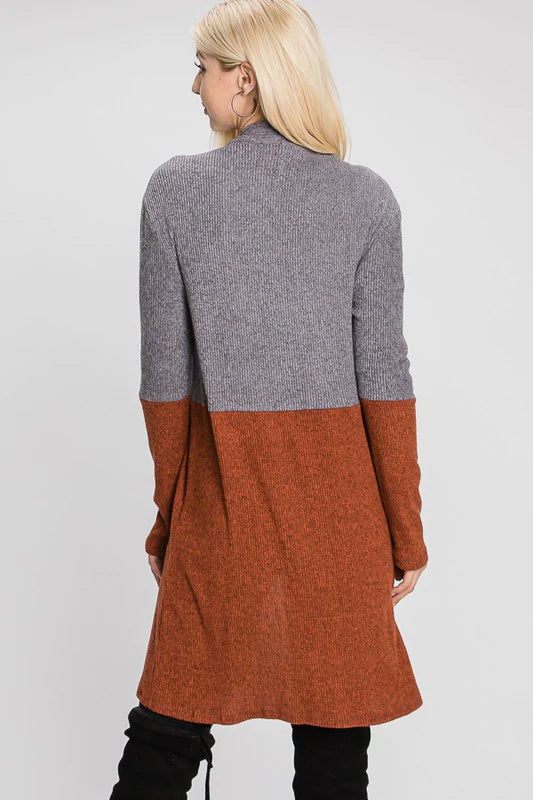 GREY & RUST COLOR BLOCK CARDIGAN