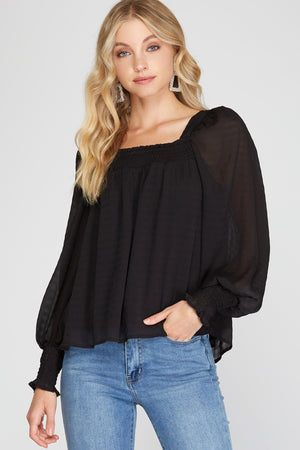 PUFF LONG SLEEVE SQUARED SMOCKED NECK TEXTURED WOVEN TOP