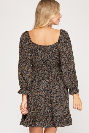 3/4 SLEEVE WOVEN PRINT DRESS WITH SMOCKED WAISTBAND