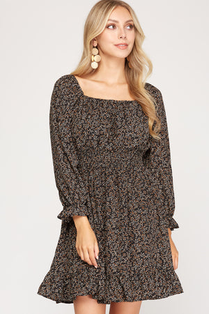 3/4 SLEEVE WOVEN PRINT DRESS WITH SMOCKED WAISTBAND