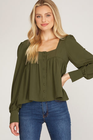 LONG CUFF SLEEVE SQUARE NECK WOVEN BUTTON DOWN TOP
