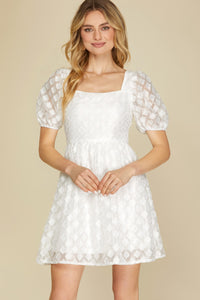 SHORT PUFF SLEEVE SQUARE NECK JACQUARD DRESS