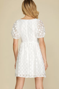 SHORT PUFF SLEEVE SQUARE NECK JACQUARD DRESS