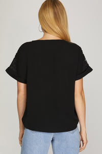 DROP SHOULDER LACE CONTRAST WOVEN TOP