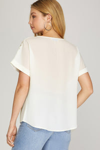 DROP SHOULDER LACE CONTRAST WOVEN TOP