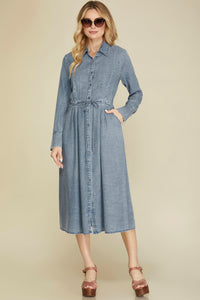 LONG SLEEVE WASHED CHAMBRAY BUTTON DOWN DRESS