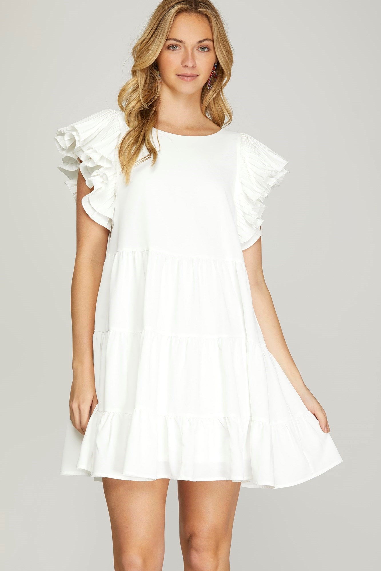 PLEATED RUFFLE SLEEVE TIERED WOVEN DRESS  Cranberry Boutique