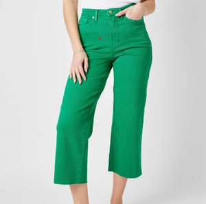 HIGH WAIST KELLY GREEN GARMENT DYED TUMMY CONTROL CROP WIDE LEG