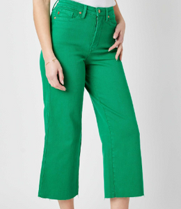 HIGH WAIST KELLY GREEN GARMENT DYED TUMMY CONTROL CROP WIDE LEG