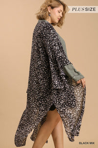 Animal Print and Gold Flakes Detail Bell Sleeve Open Front Long Kimono with Side Slits