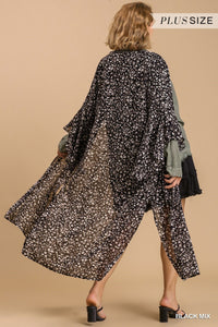 Animal Print and Gold Flakes Detail Bell Sleeve Open Front Long Kimono with Side Slits