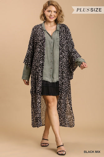 Animal Print and Gold Flakes Detail Bell Sleeve Open Front Long Kimono with Side Slits