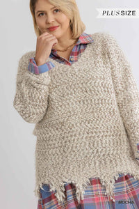 V-Neck Long Sleeve Knit Pullover Sweater with Frayed Hem