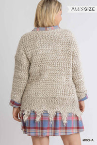 V-Neck Long Sleeve Knit Pullover Sweater with Frayed Hem