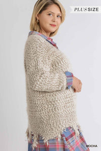 V-Neck Long Sleeve Knit Pullover Sweater with Frayed Hem