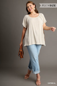 Short Ruffle Sleeve Round Neck Top With Animal Print Back