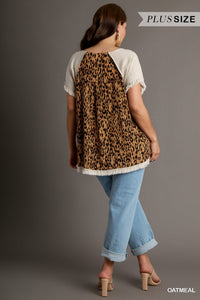 Short Ruffle Sleeve Round Neck Top With Animal Print Back