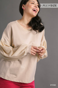 Solid French Terry & Waffle Knit 3/4 Balloon Sleeve Top