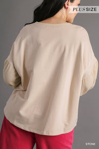 Solid French Terry & Waffle Knit 3/4 Balloon Sleeve Top