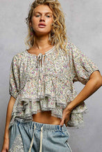 Load image into Gallery viewer, Ruffle Detail Neck Loop Floral Balloon Sleeve Woven Top