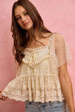 Load image into Gallery viewer, Bohemian Lace Trim Ruffled Mesh Dot Blouse Top