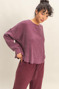 Mineral Wash Dropped Shoulder Waffle Knit Top