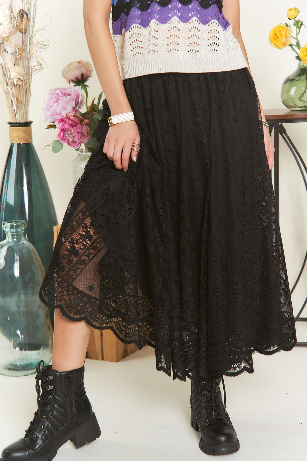 WAIST BAND LACE MAXI SKIRT WITH LINING