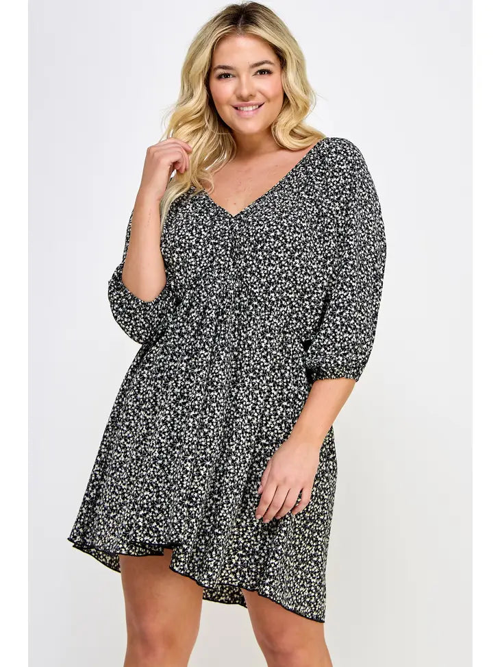 Plus Ditsy Print V-Neck Dress
