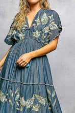 Load image into Gallery viewer, Embroidery Ruffle Neck Loop Cotton Denim V-neck Long Dress