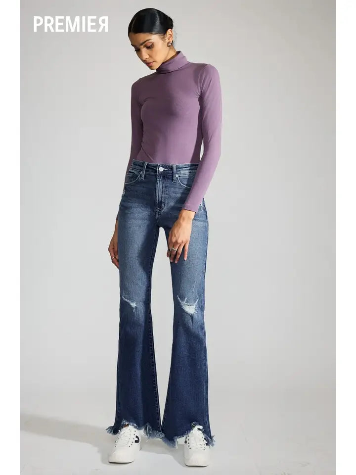 PREMIER HIGH RISE DISTRESSED FLARE JEANS