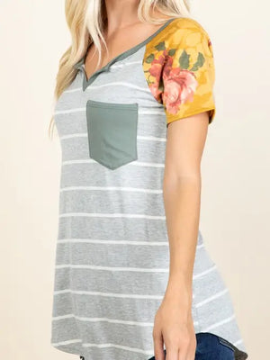 Striped with Contrast Shoulder Printed Top