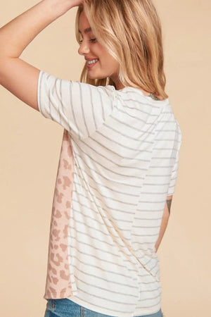 IVORY GREY & TAUPE YARN DYE STRIPE ANIMAL PRINT BUTTON TOP