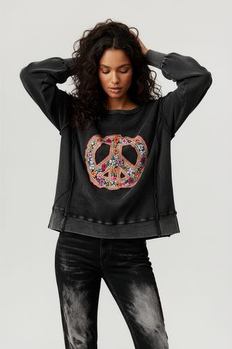 EMBROIDERED PEACE WASHED PULLOVER KNIT TOP