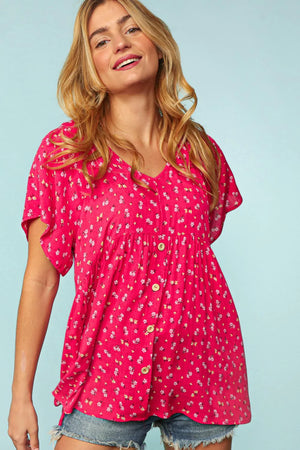 FUCHSIA FLORAL BABYDOLL BUTTON DOWN FLUTTER SLEEVE TOP