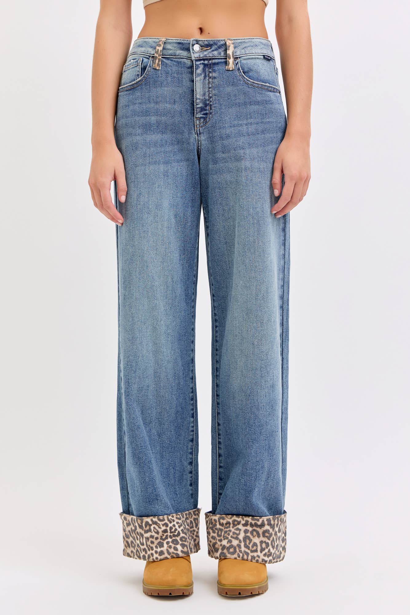 Mid Rise Wide Leg with Leopard Cuff
