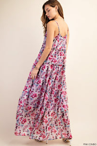 ROMANTIC CRINKLE PRINTED CHIFFON TIERED MAXI DRESS