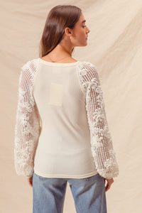 Rib Knit Top With Lace Balloon Sleeves