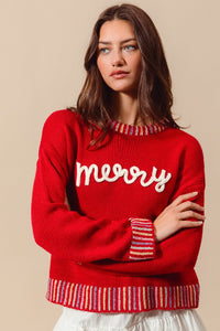 Merry Lettering Embroidered Christmas Sweater Top