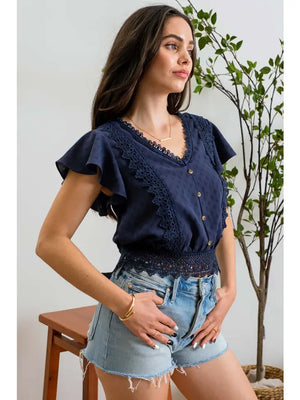 Lace Trim V Neck Woven Top