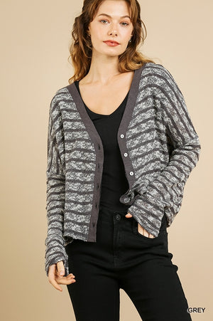 Heathered Striped Knit Long Sleeve Button Front V-Neck Cardigan