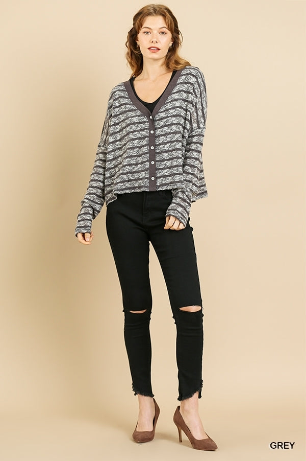 Heathered Striped Knit Long Sleeve Button Front V-Neck Cardigan