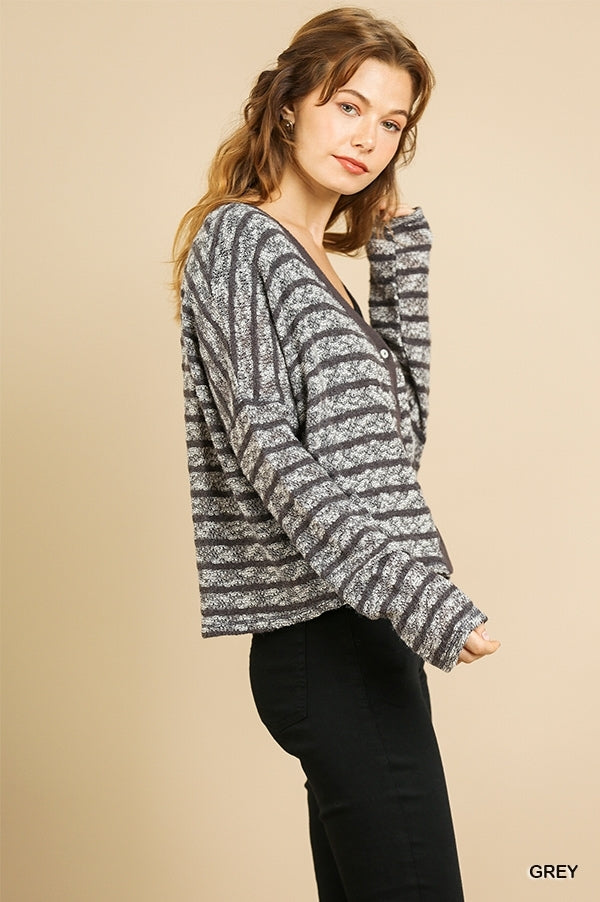 Heathered Striped Knit Long Sleeve Button Front V-Neck Cardigan