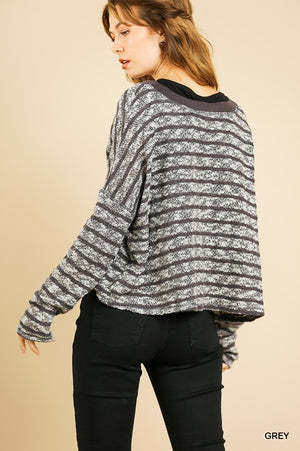 Heathered Striped Knit Long Sleeve Button Front V-Neck Cardigan