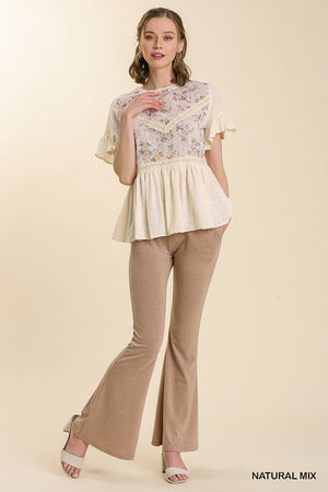 Short Sleeved Floral Print Top with Eyelet and Lace Trim