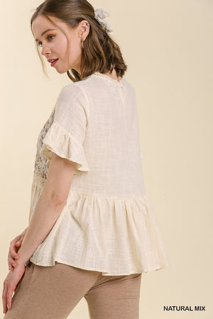 Short Sleeved Floral Print Top with Eyelet and Lace Trim
