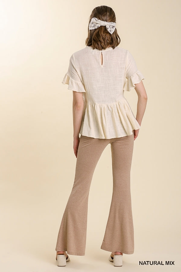 Short Sleeved Floral Print Top with Eyelet and Lace Trim