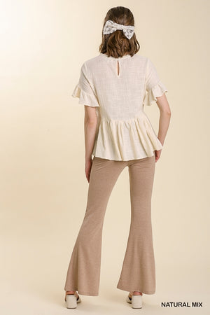 Short Sleeved Floral Print Top with Eyelet and Lace Trim