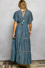 Load image into Gallery viewer, Embroidery Ruffle Neck Loop Cotton Denim V-neck Long Dress