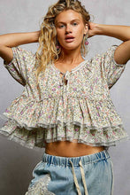 Load image into Gallery viewer, Ruffle Detail Neck Loop Floral Balloon Sleeve Woven Top